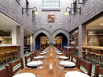 Traditional Restaurant Interior With Long Wooden Dining Table Arched Structure Gray Brick Walls And Pendant Lights 3d model
