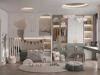 Kids Room Interior With Crib Storage Shelves Toys Rug Dollhouse Bunting And Pendant Lights 3d model