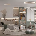 Kids Room Interior With Crib Storage Shelves Toys Rug Dollhouse Bunting And Pendant Lights