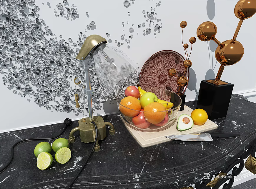Brass Table Lamp on Marble Tabletop with Fresh Fruits and Decorative Ornaments 3d model 