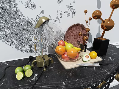 Brass Table Lamp on Marble Tabletop with Fresh Fruits and Decorative Ornaments 3d model