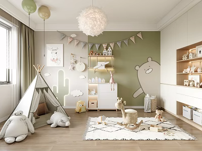 Cozy Kids Room With Teepee Tent Green Walls Bunting Flags And Stuffed Toys 3d model