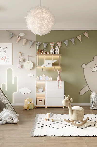 Cozy Kids Room With Teepee Tent Green Walls Bunting Flags And Stuffed Toys 3d model