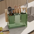 Green Kitchen Utensil Organizer Wooden Lid Holding Pots Spice Jars Cutlery Near Cutting Board Knife