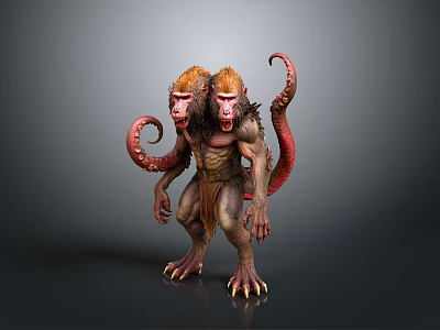 Two Headed Monkey Like Mythical Creature With Red Tentacles Furry Body And Sharp Claws 3d model
