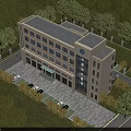 Modern Multi Story Service Hall Building With Surrounding Trees And Parking Area