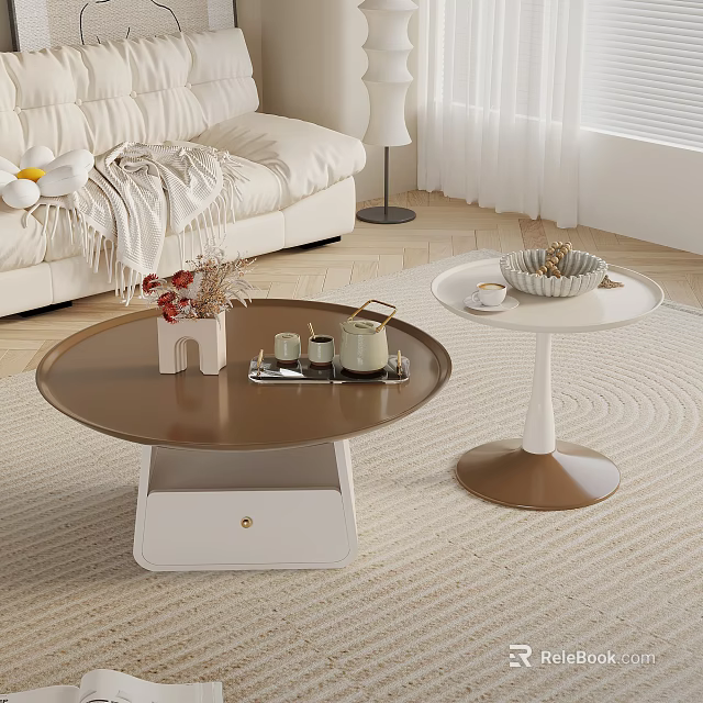 Modern Round Coffee Table With White Drawer Brown Top And Side Table Decorative Tray 3d model