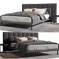 Modern Gray Double Bed With Tufted Headboard Linen Bedding And Nightstand 3d model