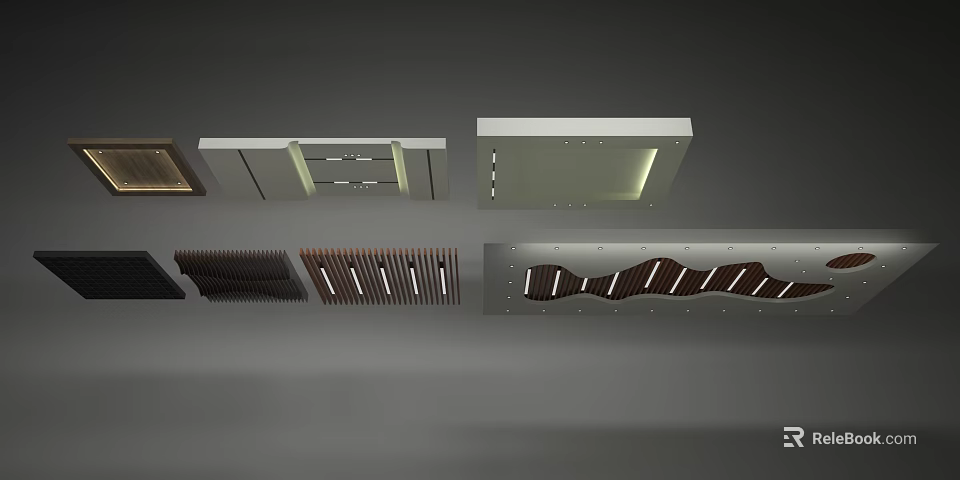 Contemporary Ceiling Designs Featuring LED Lighting Wooden Slats and Curved Patterns 3d model 