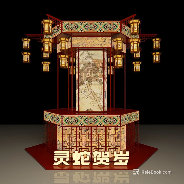 Traditional Chinese Art Installation Featuring Hanging Lanterns Painted Panels and Ornate Structure 3d model 