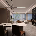 Modern Living And Dining Room With Beige Sofa Marble Table And TV Wall