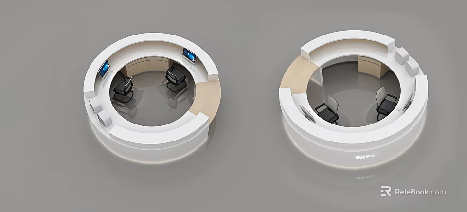 Modern Inflatable Circular Office Pods With Computer And Ergonomic Workspace Chairs 3d model