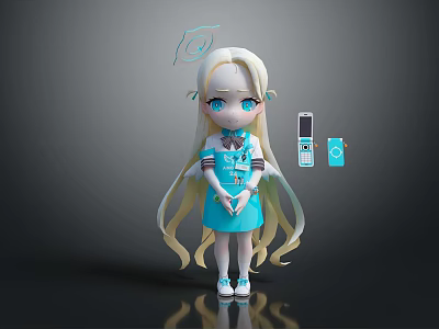 3D Game Anime Character With Blonde Long Hair Blue Eyes And Blue Dress Holding Mobile Phone 3d model