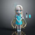 3D Game Anime Character With Blonde Long Hair Blue Eyes And Blue Dress Holding Mobile Phone