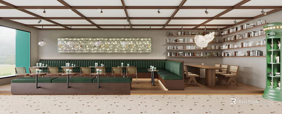 Cozy Café Interior Featuring Green Banquettes Wooden Ceiling Decorative Wall Bookshelves And Pendant Light 3d model 