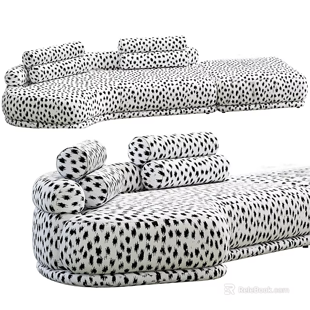 Modern Sectional Sofa With Black And White Spotted Pattern And Comfortable Plush Cushions 3d model 