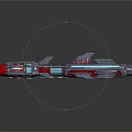 Red Silver Interstellar Spaceship with Blue Luminous Stripes and Futuristic Design Elements
