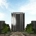 Tall Modern Residential Building Exterior With Many Windows Surrounded By Trees And Blue Sky