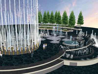 Outdoor Scenic Fountain Park With Multiple Water Jets Green Trees And People Enjoying Sunset 3d model