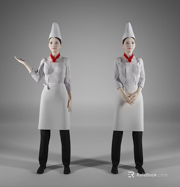 Women Chefs Wearing White Chef Uniforms With Hats Red Scarves and Aprons 3d model 