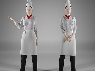 Women Chefs Wearing White Chef Uniforms With Hats Red Scarves and Aprons 3d model