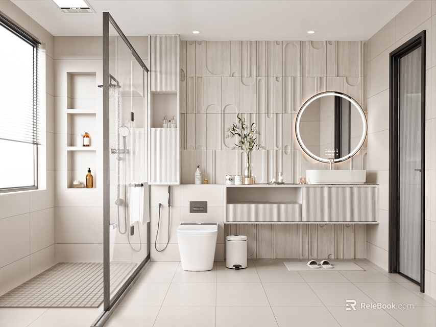 Modern Bathroom Interior Design With Glass Shower Striped Tile Walls Round Mirror And Vanity 3d model 