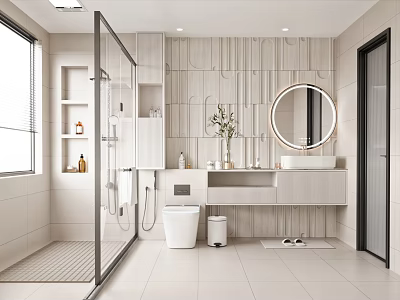 Modern Bathroom Interior Design With Glass Shower Striped Tile Walls Round Mirror And Vanity 3d model