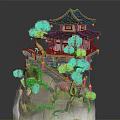 Traditional Chinese Pagoda Structure On A Hill With Curved Eaves Red Railings And Stone Stairs