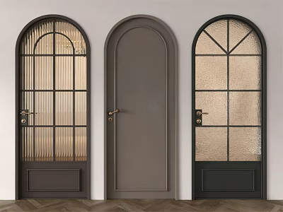 Modern Arched Hinged Doors With Ribbed Textured Glass And Solid Dark Panels 3d model