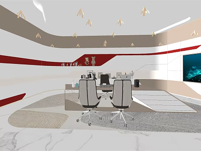 Modern Office Interior With Red Accent Walls Ceiling Lights Desk Chairs And Marble Floor 3d model