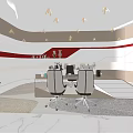 Modern Office Interior With Red Accent Walls Ceiling Lights Desk Chairs And Marble Floor