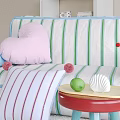 Green White Striped Sofa Living Room With Pink Heart Blue Pillows And Small Yellow Table