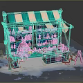 Cartoon Street Stall With Pink Green Striped Awning Bottles Books And Easel On Snowy Ground