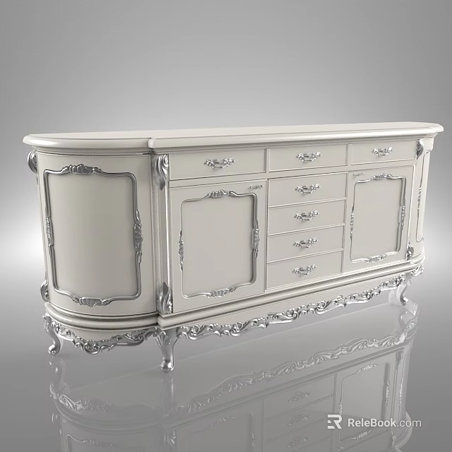 Elegant White TV Stand With Ornate Carved Details Silver Accents Drawers And Cabinet Doors 3d model 