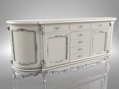 Elegant White TV Stand With Ornate Carved Details Silver Accents Drawers And Cabinet Doors 3d model