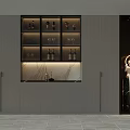 Modern Style Decorative Cabinet With Glass Display Shelf Wine Bottles Glasses And Sculpture Lighting