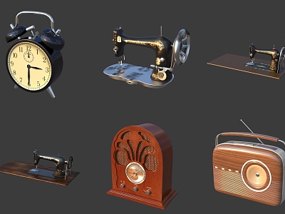 Vintage Nostalgic Old Objects Alarm Clock Sewing Machine Vintage Clock Radio 3d model