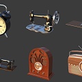 Vintage Nostalgic Old Objects Alarm Clock Sewing Machine Vintage Clock Radio 3d model