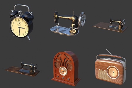 Vintage Nostalgic Old Objects Alarm Clock Sewing Machine Vintage Clock Radio 3d model