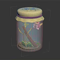 Transparent Glass Jar With Yellow Lid Red Edge Wooden Branch Green Leaves And Sand Decoration