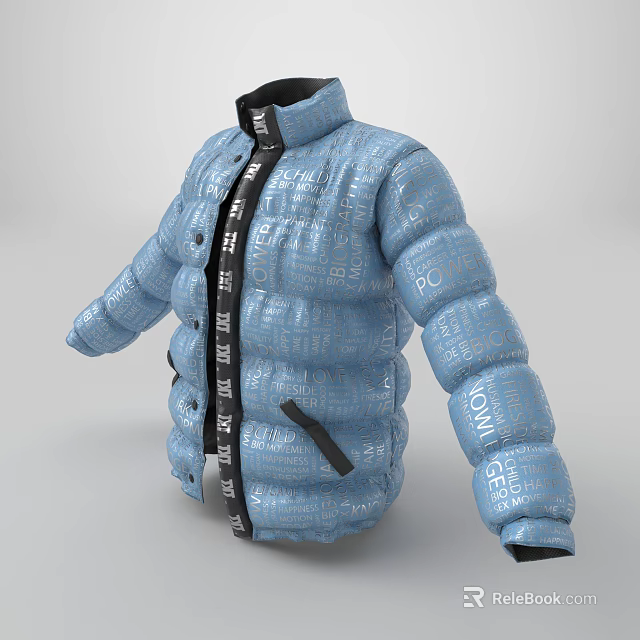 Blue Puffer Jacket with Black Zipper Trim and White Text Patterns Design 3d model