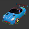 Blue Modified Sports Car With Large Rear Spoiler Black Roof And Wheels