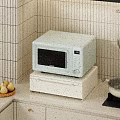 White Kitchen Sideboard with Light Blue Microwave Digital Display and Wooden Pear Plate