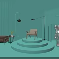 Exhibition Tables And Chairs In Light Green Room With Striped Walls Floor Lamp Stepped Platform