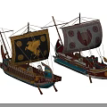 Ancient Ornate Sailboats with Golden Eagle and Red Eagle Designs on Sails Decorative Wood Structure and Colorful Details