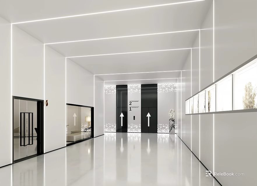 Modern Elevator Hallway Interior Design With White Walls Ceiling Light Strips And Directional Arrows 3d model