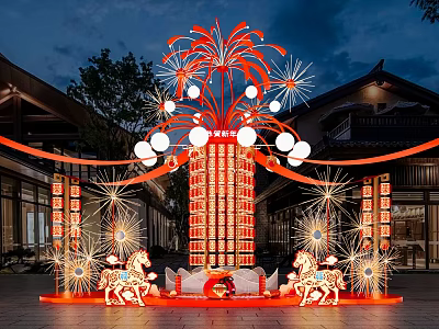 Traditional Themed Launch Device With Red Firework Decorations Lanterns And Horse Ornaments 3d model