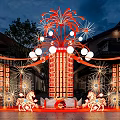Traditional Themed Launch Device With Red Firework Decorations Lanterns And Horse Ornaments
