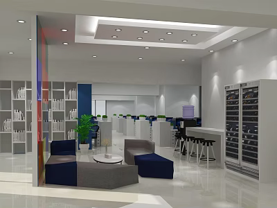 Modern Break Room Interior With Sofa Coffee Table Bar Stools And Storage Cabinets 3d model