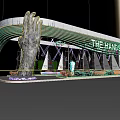 THE HANDS Exhibition Booth With Giant Stone Hand Sculpture Modern Curved Roof Wooden Accents Plants